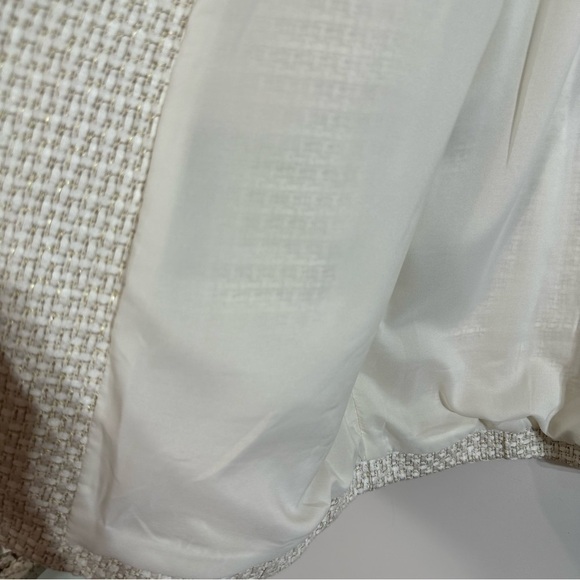 Chico’s Ivory Gold Metallic Embellished Trim Textured Open Jacket - Picture 10 of 14